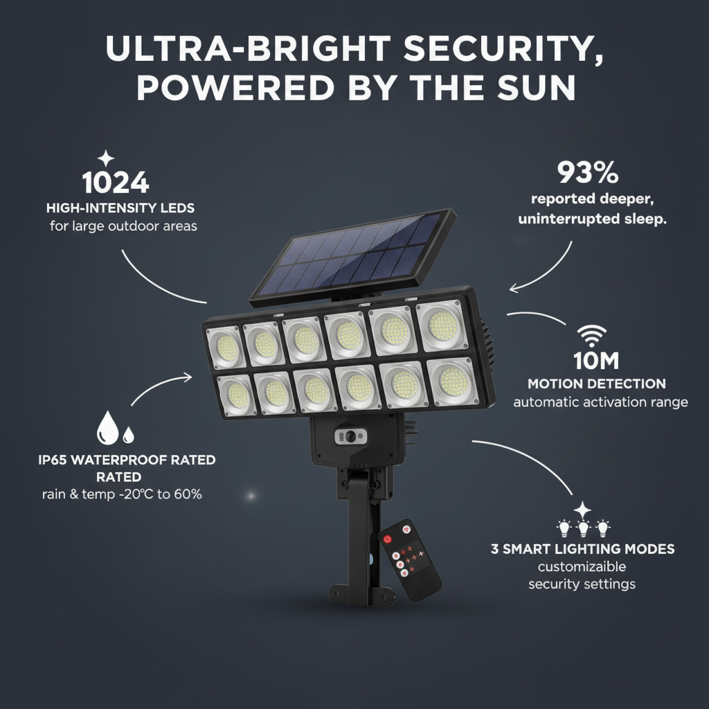 1 Pack 1024LED Ultra Bright Solar Street Light | 3 Modes, Remote Control (Battery Not Included), Motion & Light Sensor, IP65 Waterproof, Long Standby Outdoor Security Light for Yard, Garage, Holiday Decoration