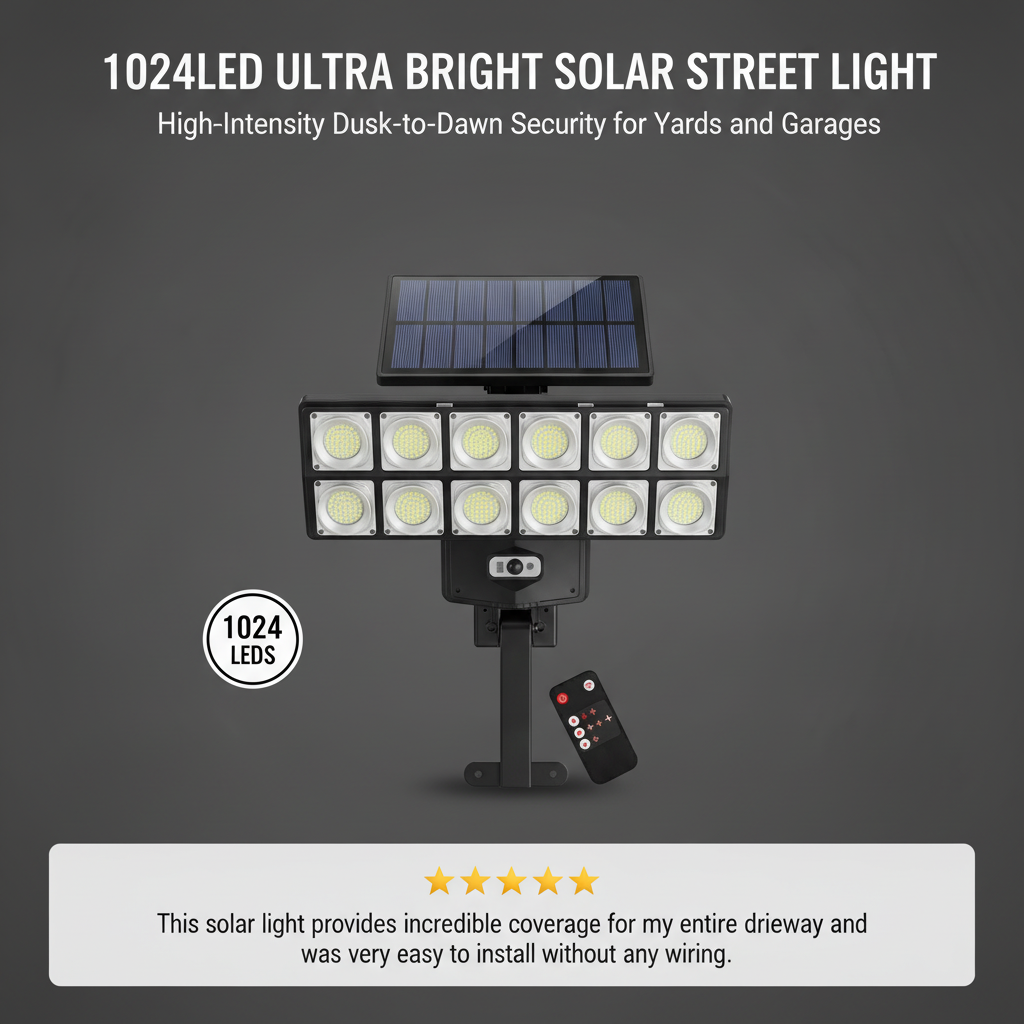 1 Pack 1024LED Ultra Bright Solar Street Light | 3 Modes, Remote Control (Battery Not Included), Motion & Light Sensor, IP65 Waterproof, Long Standby Outdoor Security Light for Yard, Garage, Holiday Decoration