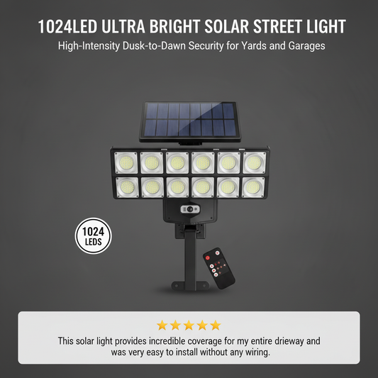 1 Pack 1024LED Ultra Bright Solar Street Light | 3 Modes, Remote Control (Battery Not Included), Motion & Light Sensor, IP65 Waterproof, Long Standby Outdoor Security Light for Yard, Garage, Holiday Decoration